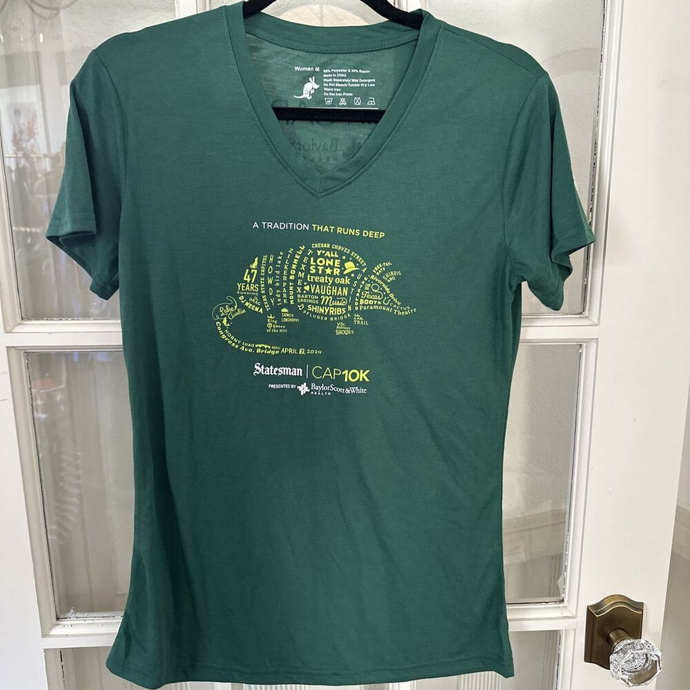 2024 Cap10k Austin Running Shirt Womens Medium Green Graphic Print V Neck
